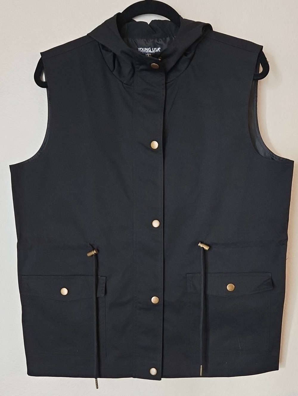 Young USA Women's Black Hooded Utility Vest Size L Zip Snap Drawstring Cargo